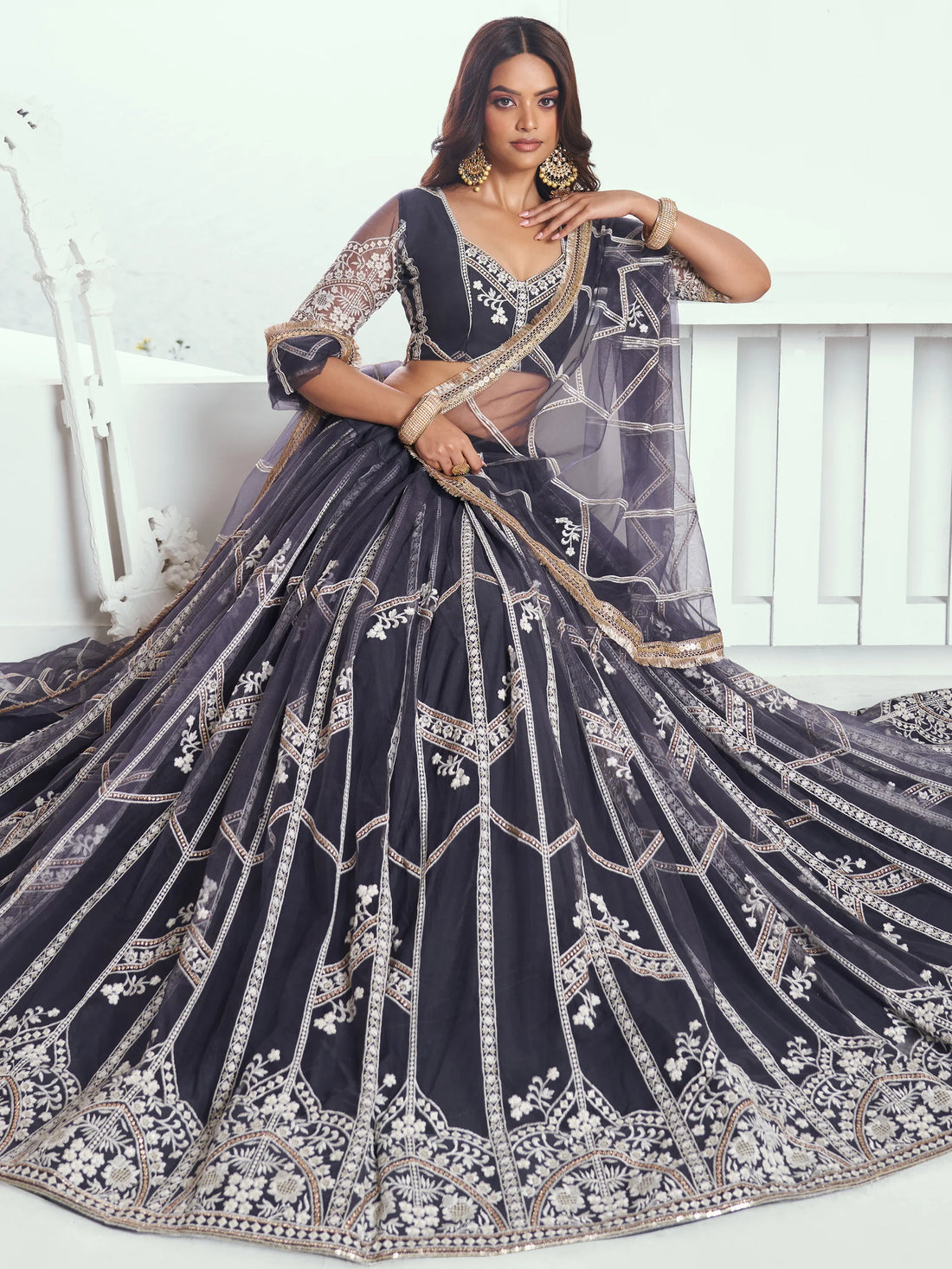 Charming Dark Grey Embroidered Net Reception Wear Lehenga Choli - Zeel Clothing