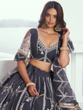 Charming Dark Grey Embroidered Net Reception Wear Lehenga Choli - Zeel Clothing