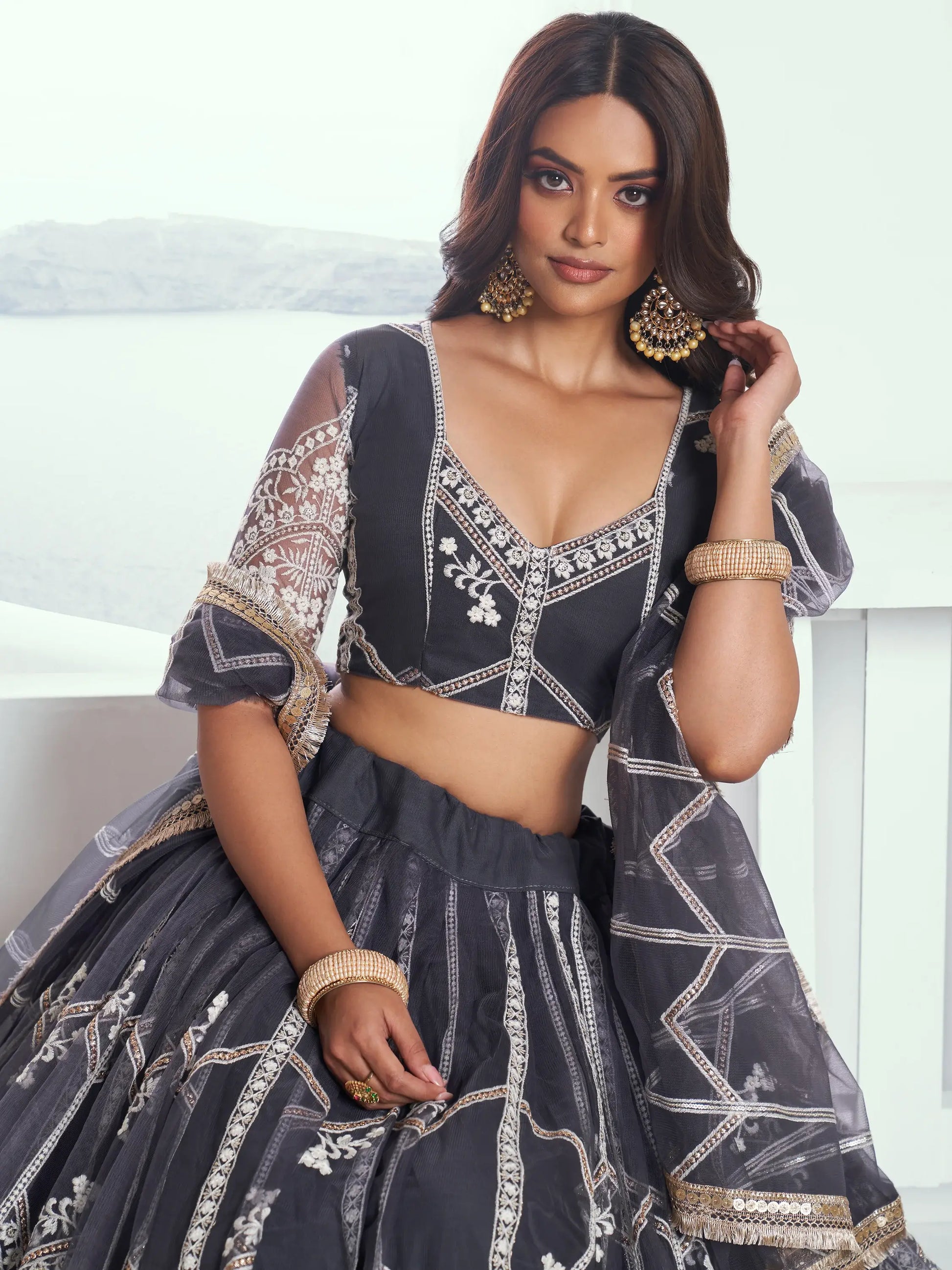 Charming Dark Grey Embroidered Net Reception Wear Lehenga Choli - Zeel Clothing
