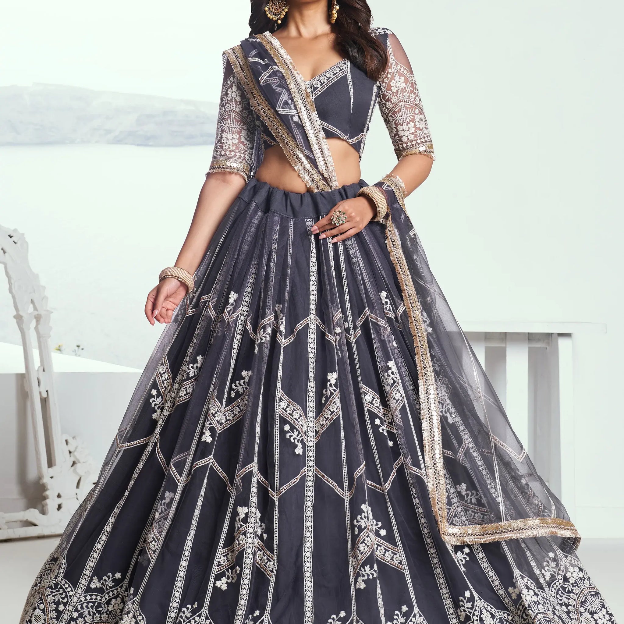 Charming Dark Grey Embroidered Net Reception Wear Lehenga Choli - Zeel Clothing
