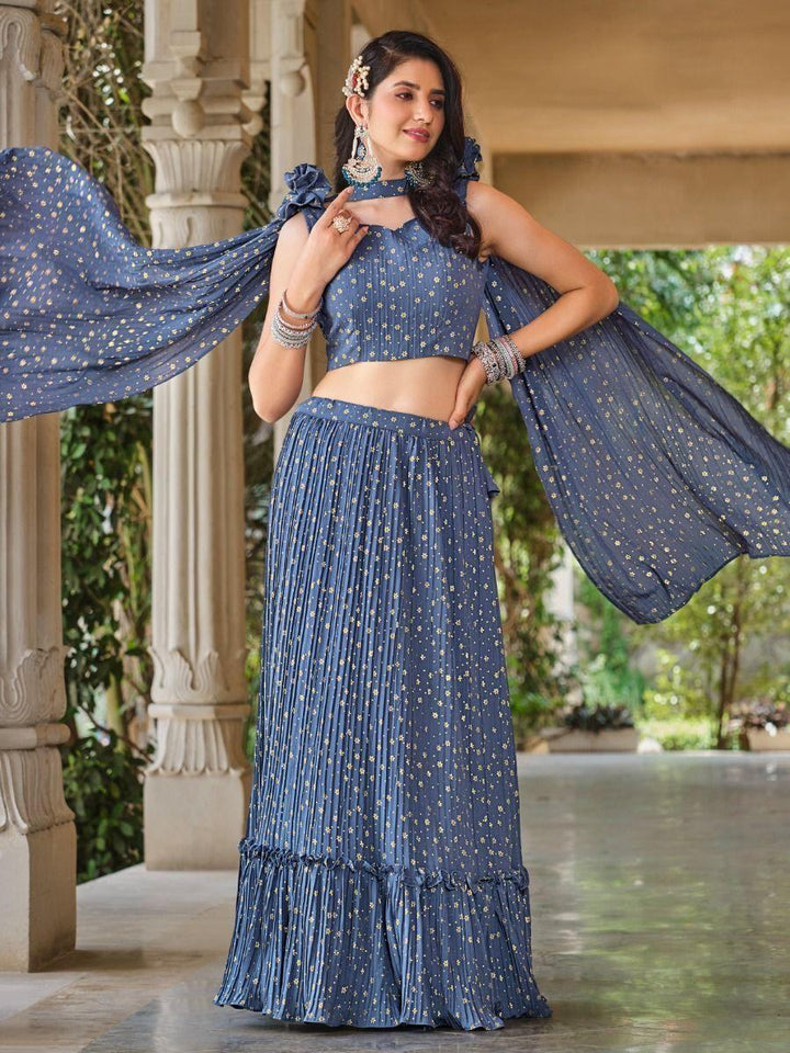 Charming Dusty Blue Foil Work Georgette Event Wear Lehenga Choli