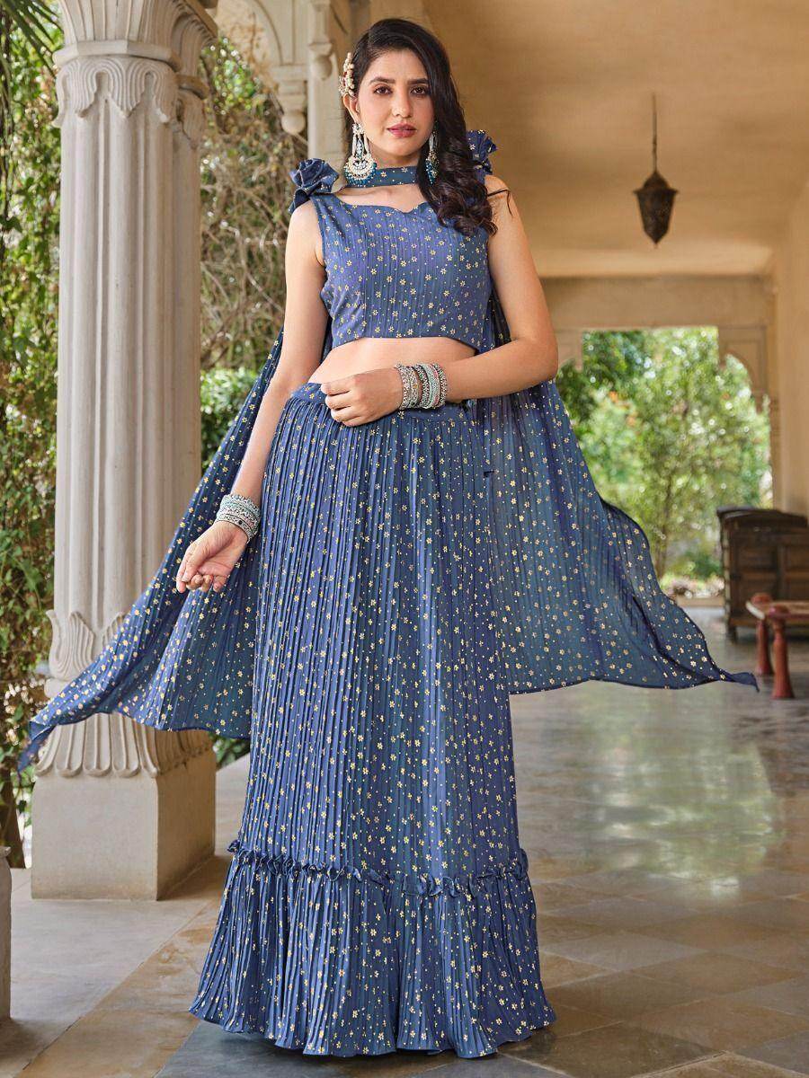 Charming Dusty Blue Foil Work Georgette Event Wear Lehenga Choli - Zeel Clothing