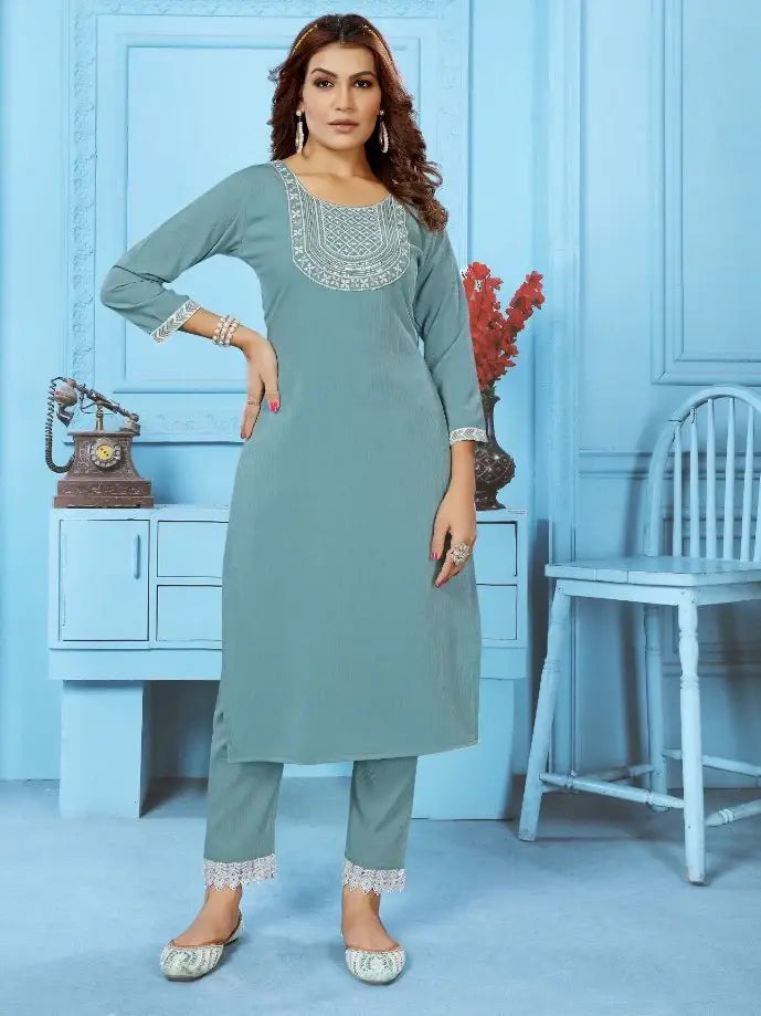 Charming Dusty Blue Thread Work Rinkal Cotton Casual Wear Pant Suit - Zeel Clothing
