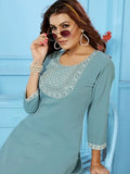 Charming Dusty Blue Thread Work Rinkal Cotton Casual Wear Pant Suit - Zeel Clothing