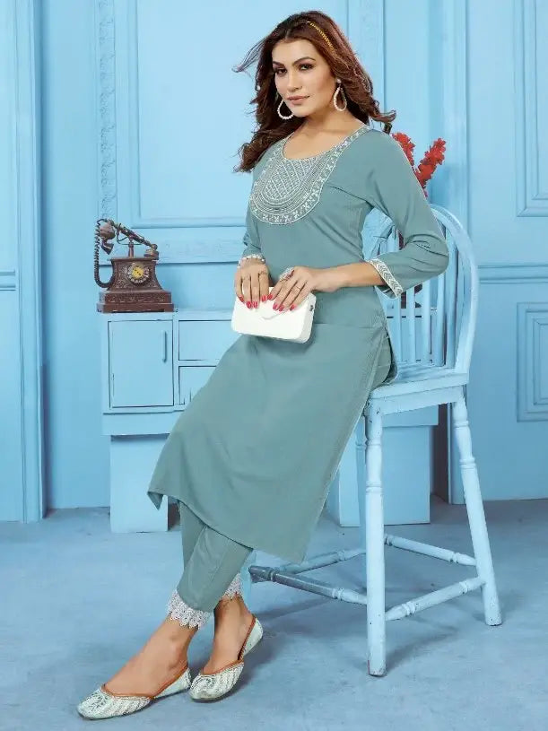 Charming Dusty Blue Thread Work Rinkal Cotton Casual Wear Pant Suit - Zeel Clothing