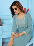 Charming Dusty Blue Thread Work Rinkal Cotton Casual Wear Pant Suit - Zeel Clothing