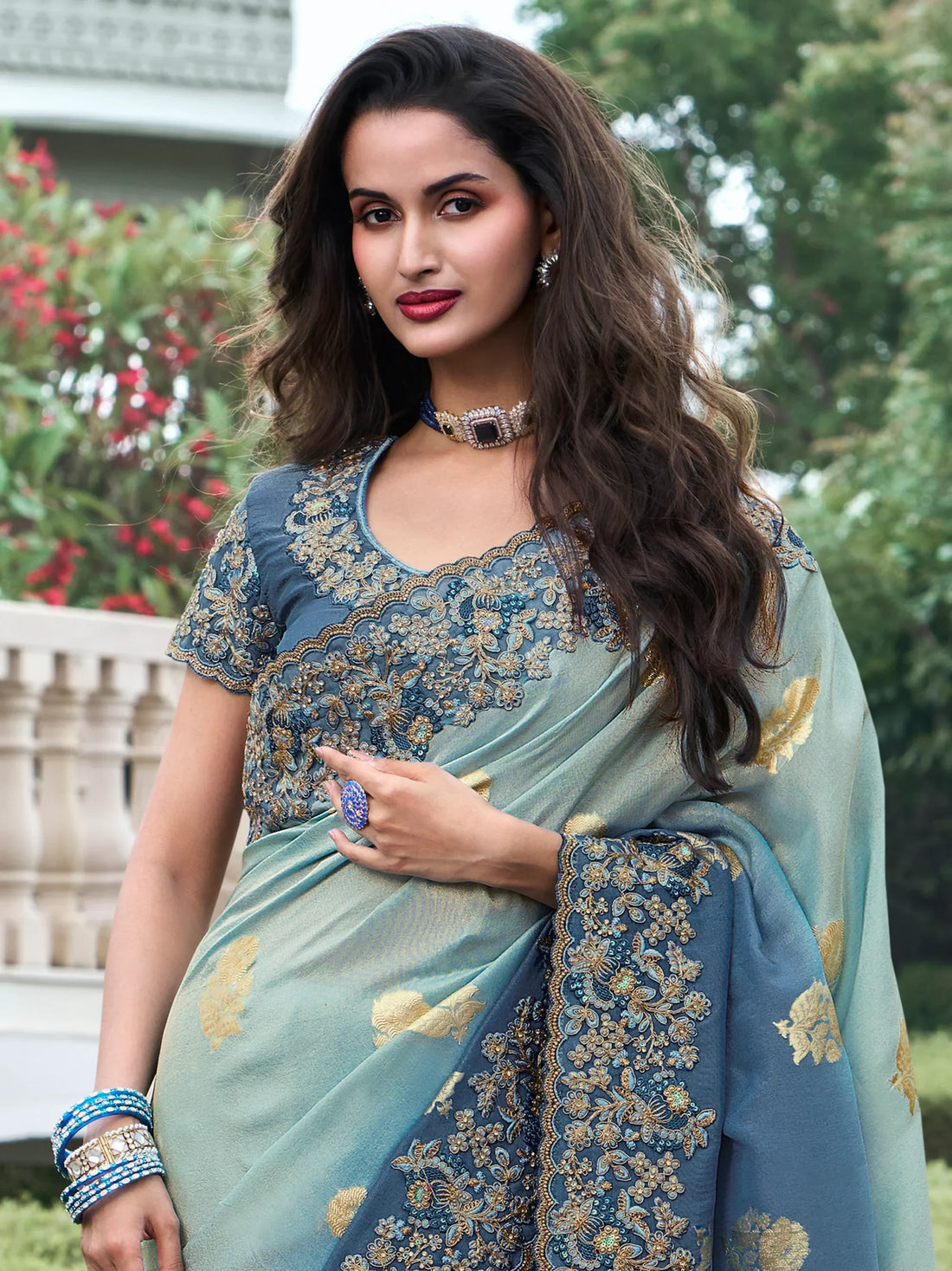 Charming Dusty Blue Zari Woven Organza Silk Saree With Blouse - Zeel Clothing