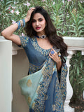 Charming Dusty Blue Zari Woven Organza Silk Saree With Blouse - Zeel Clothing