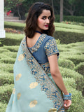 Charming Dusty Blue Zari Woven Organza Silk Saree With Blouse - Zeel Clothing