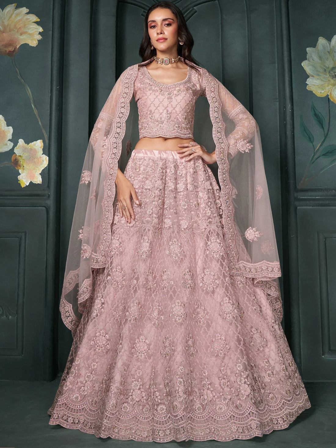 Charming Dusty Pink Embroidered Net Bridesmaid Lehenga Choli - Zeel Clothing