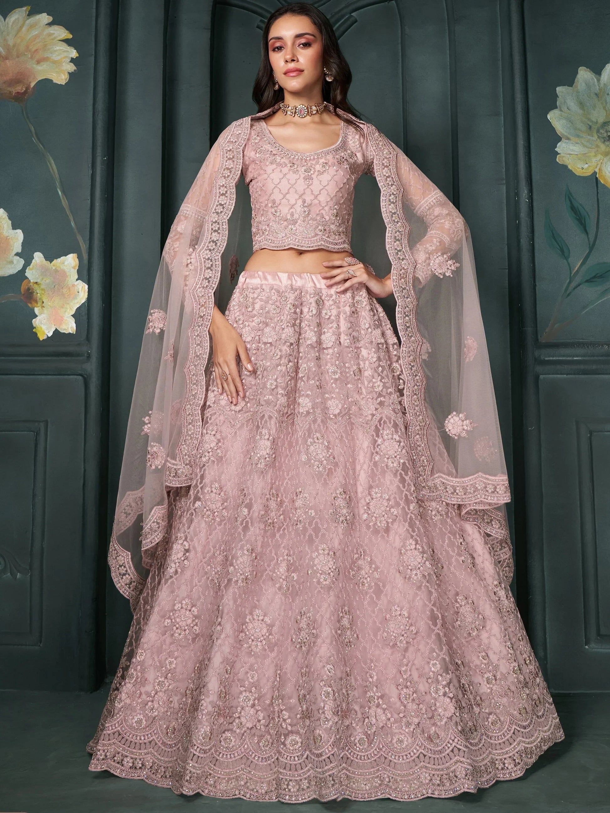 Charming Dusty Pink Embroidered Net Bridesmaid Lehenga Choli - Zeel Clothing
