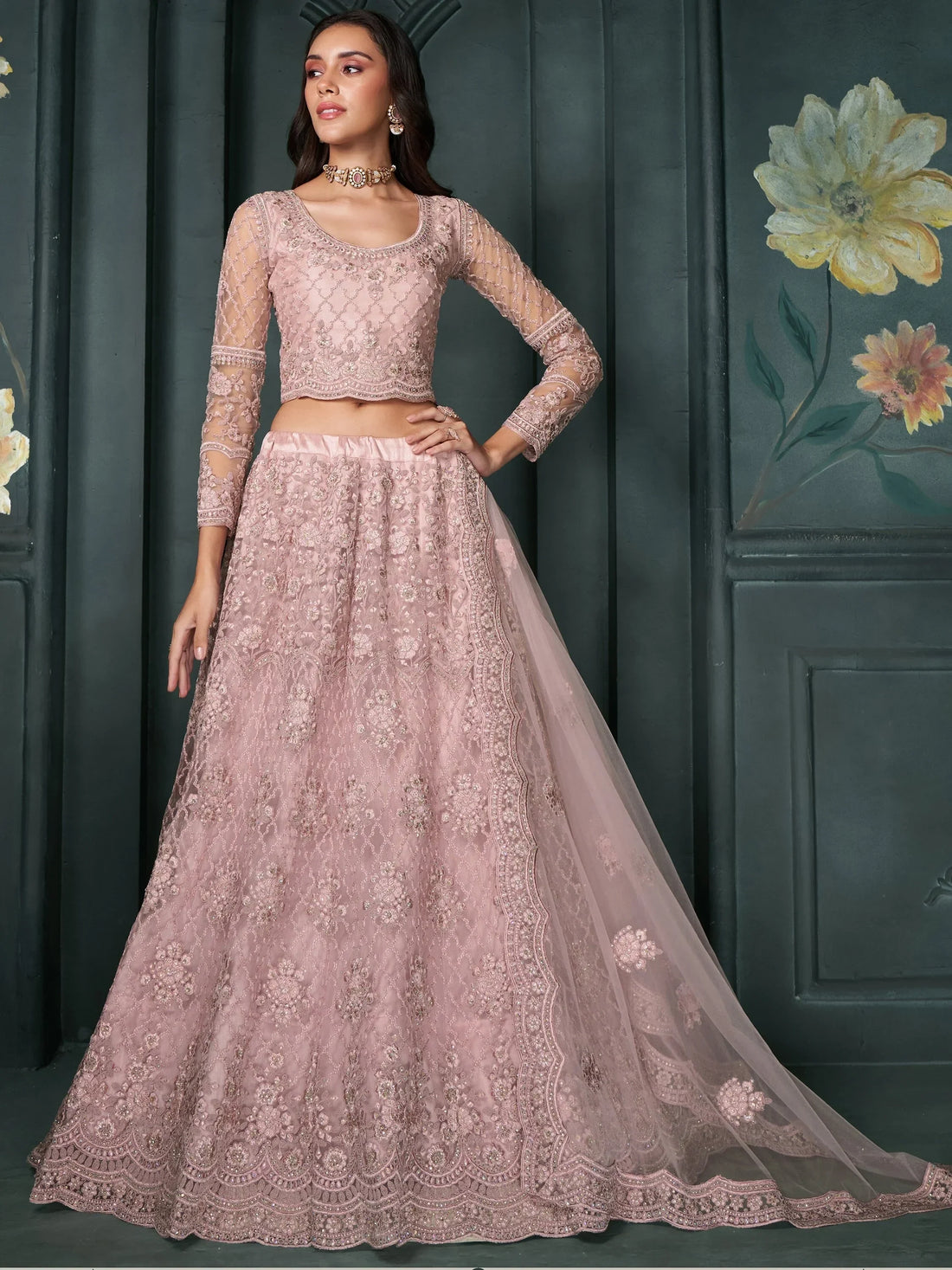 Charming Dusty Pink Embroidered Net Bridesmaid Lehenga Choli - Zeel Clothing