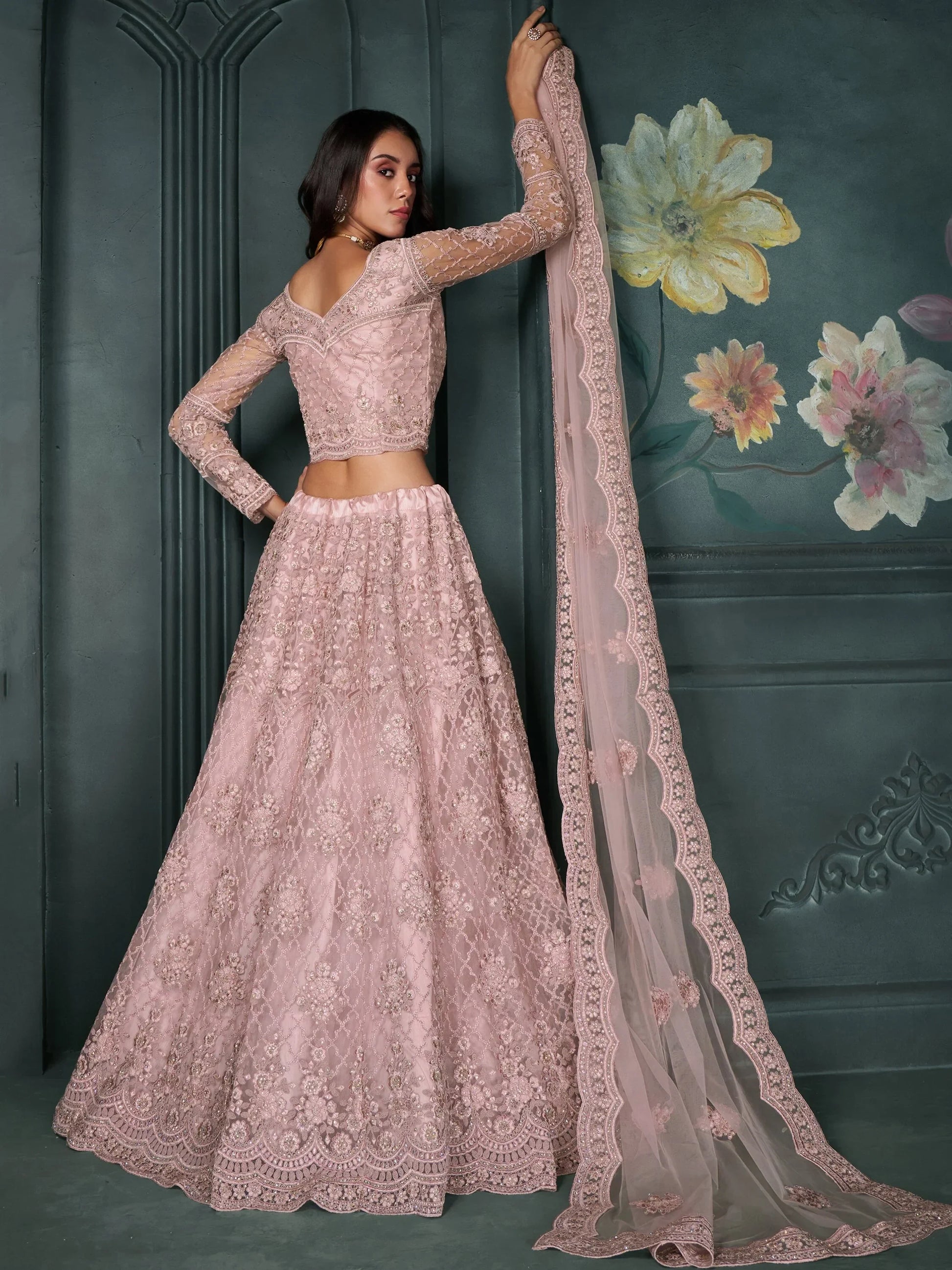 Charming Dusty Pink Embroidered Net Bridesmaid Lehenga Choli - Zeel Clothing