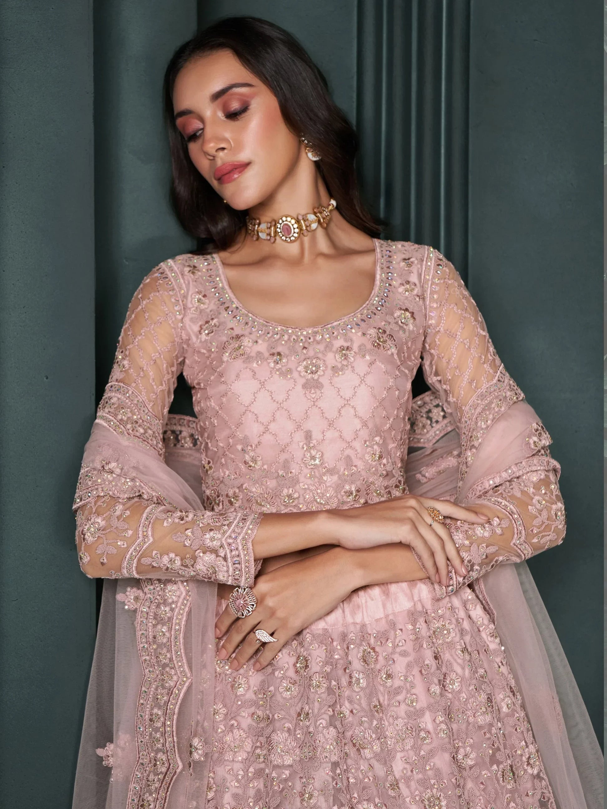 Charming Dusty Pink Embroidered Net Bridesmaid Lehenga Choli - Zeel Clothing