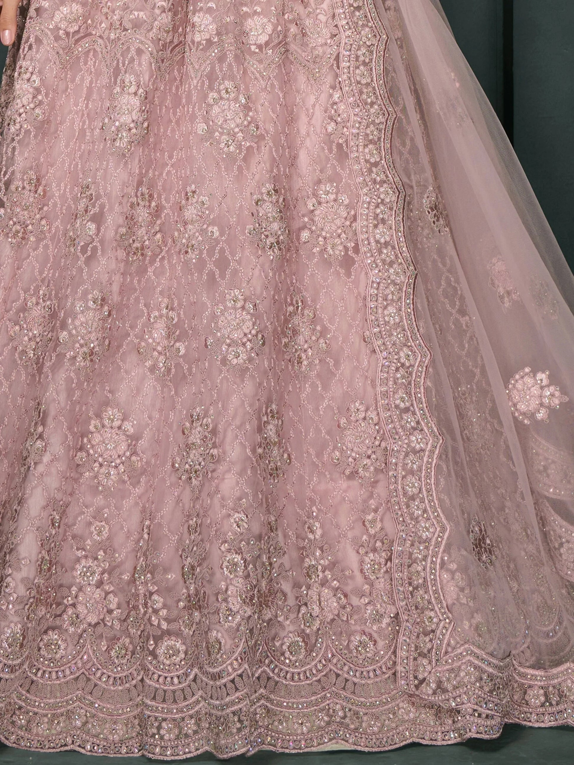 Charming Dusty Pink Embroidered Net Bridesmaid Lehenga Choli - Zeel Clothing