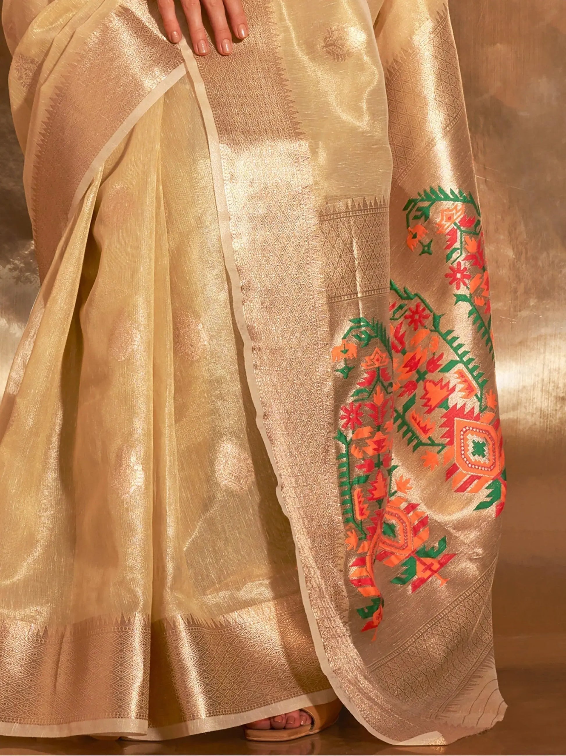 Charming Golden Handwoven Tissue Silk Party Wear Saree - Zeel Clothing