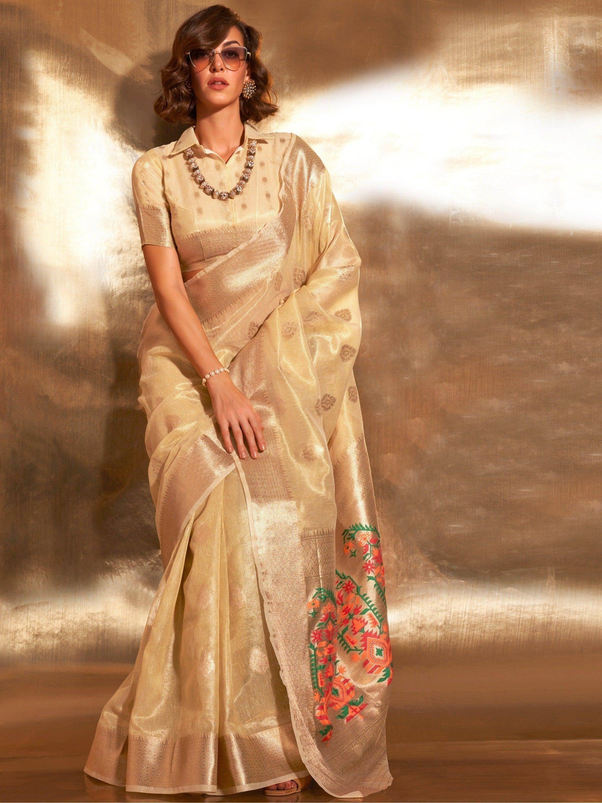 Charming Golden Handwoven Tissue Silk Party Wear Saree - Zeel Clothing