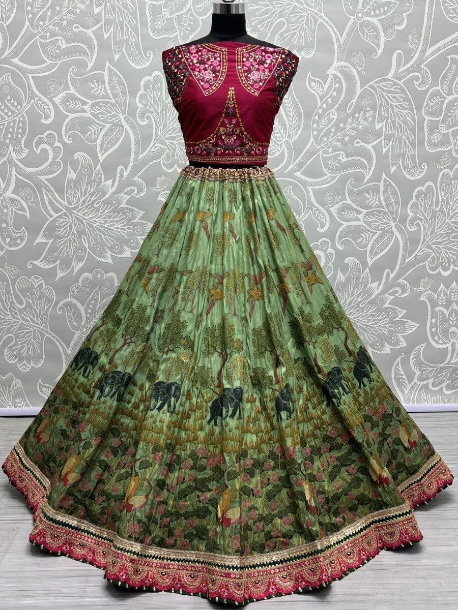 Charming Green Digital Print Silk Sangeet Wear Lehenga Choli