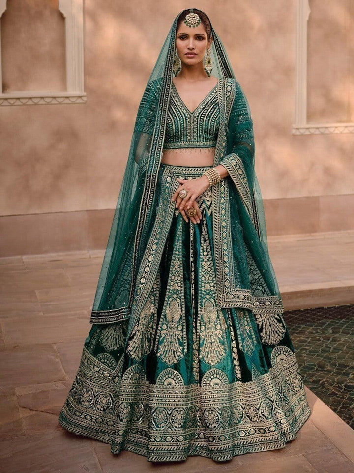 Charming Green Embroidered Velvet Bridal Lehenga Choli With Dupatta