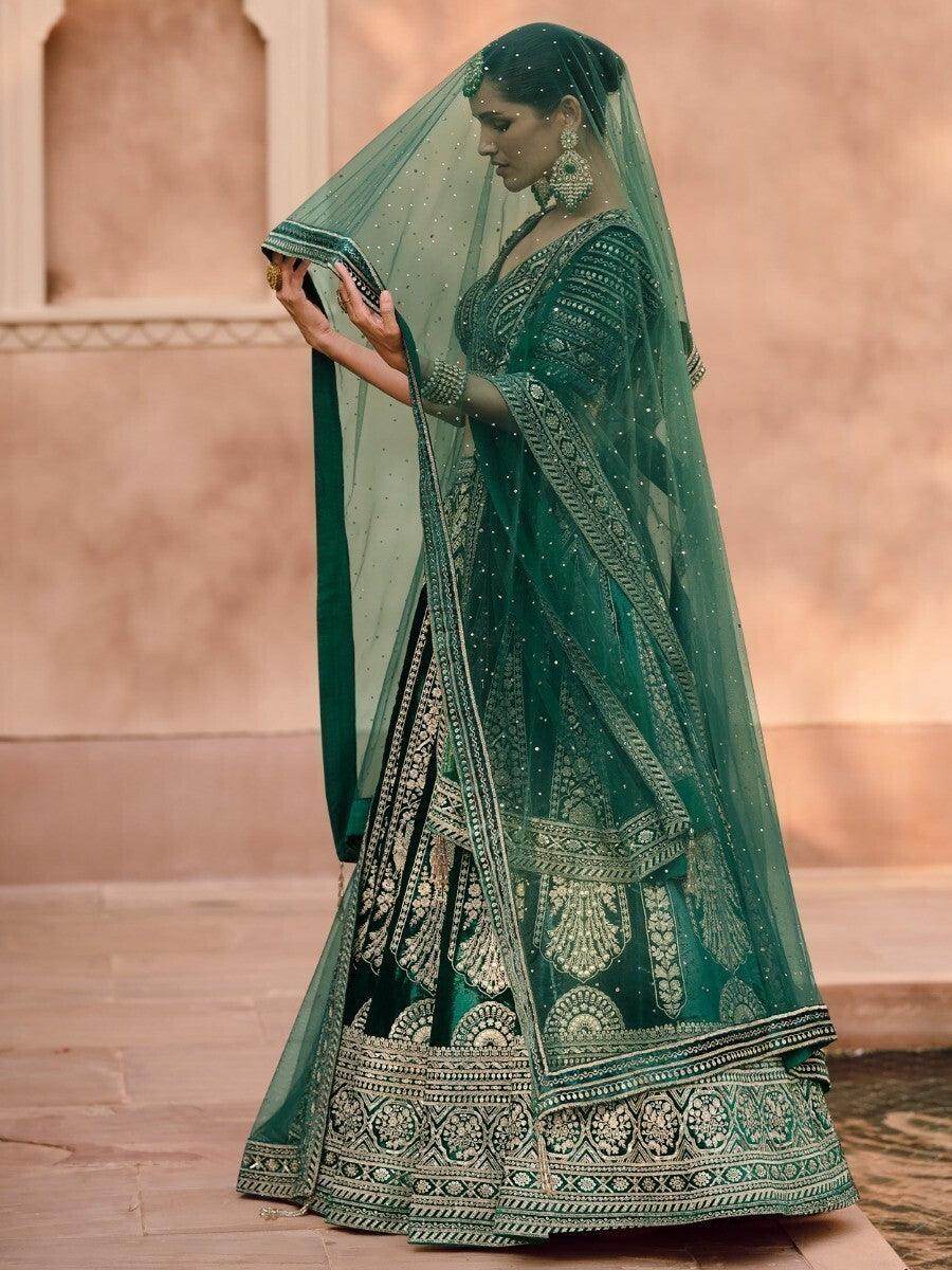 Charming Green Embroidered Velvet Bridal Lehenga Choli With Dupatta - Zeel Clothing