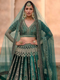 Charming Green Embroidered Velvet Bridal Lehenga Choli With Dupatta - Zeel Clothing