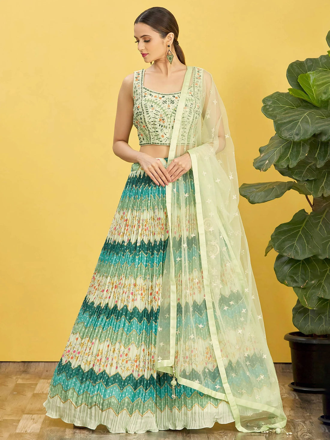 Charming Green Embroidered Work Chinon Reception Lehenga Choli - Zeel Clothing