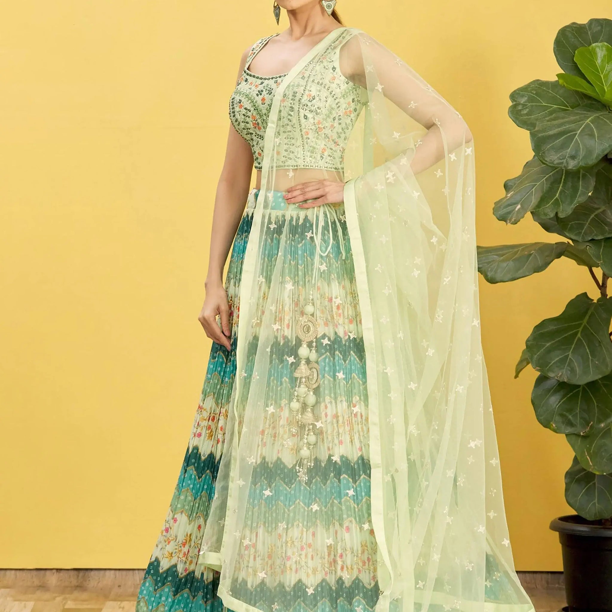 Charming Green Embroidered Work Chinon Reception Lehenga Choli - Zeel Clothing