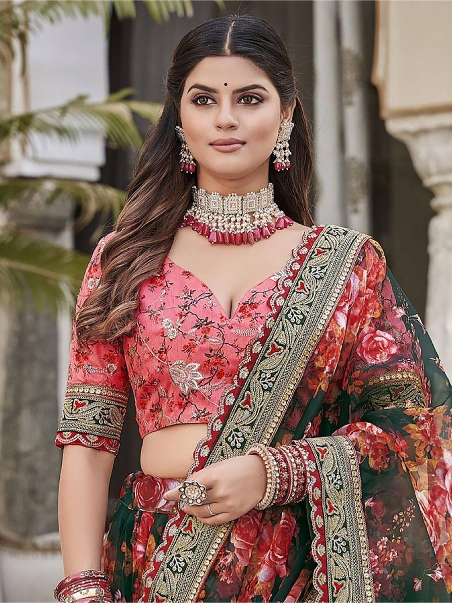 Charming Green Floral Printed Organza Festival Wear Lehenga Choli