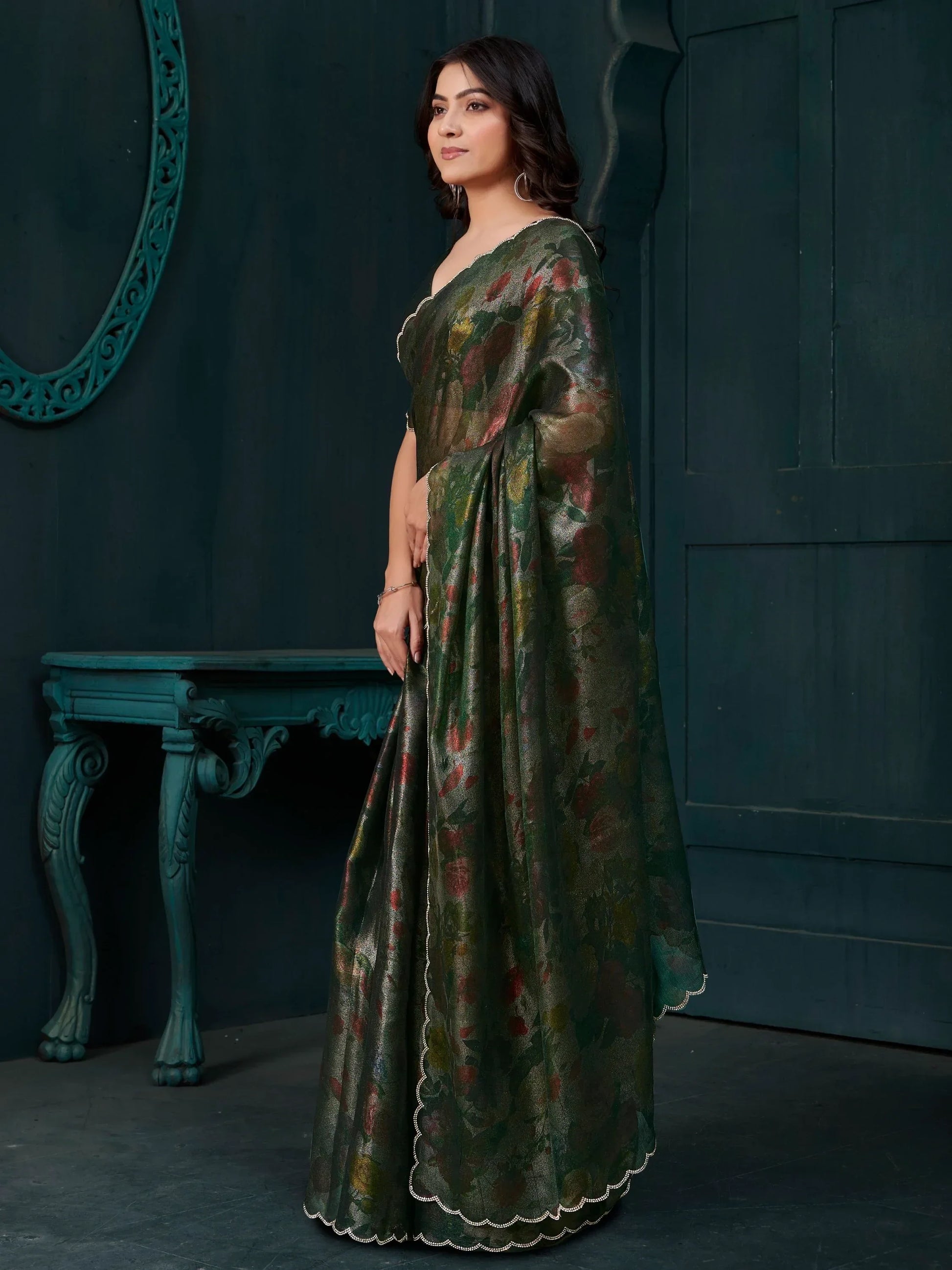 Charming Green Floral Printed Silk Designer Saree With Blouse - Zeel Clothing