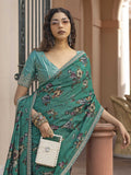 Charming Green Floral Printed Silk Traditional Saree With Blouse - Zeel Clothing