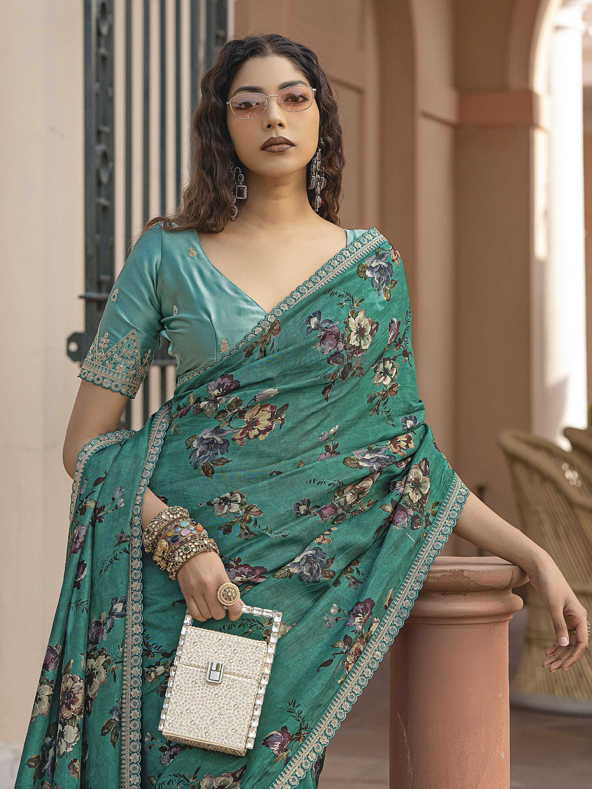 Charming Green Floral Printed Silk Traditional Saree With Blouse - Zeel Clothing