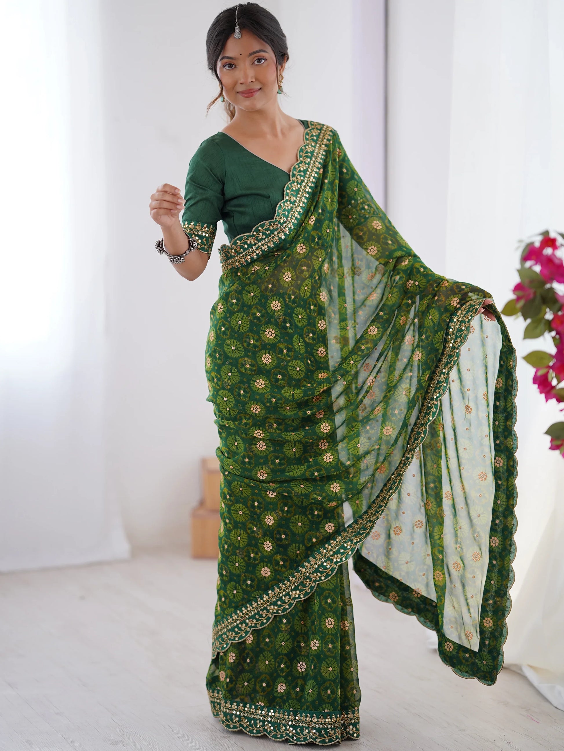 Charming Green Georgette Printed Festive Wear Saree With Blouse - Zeel Clothing