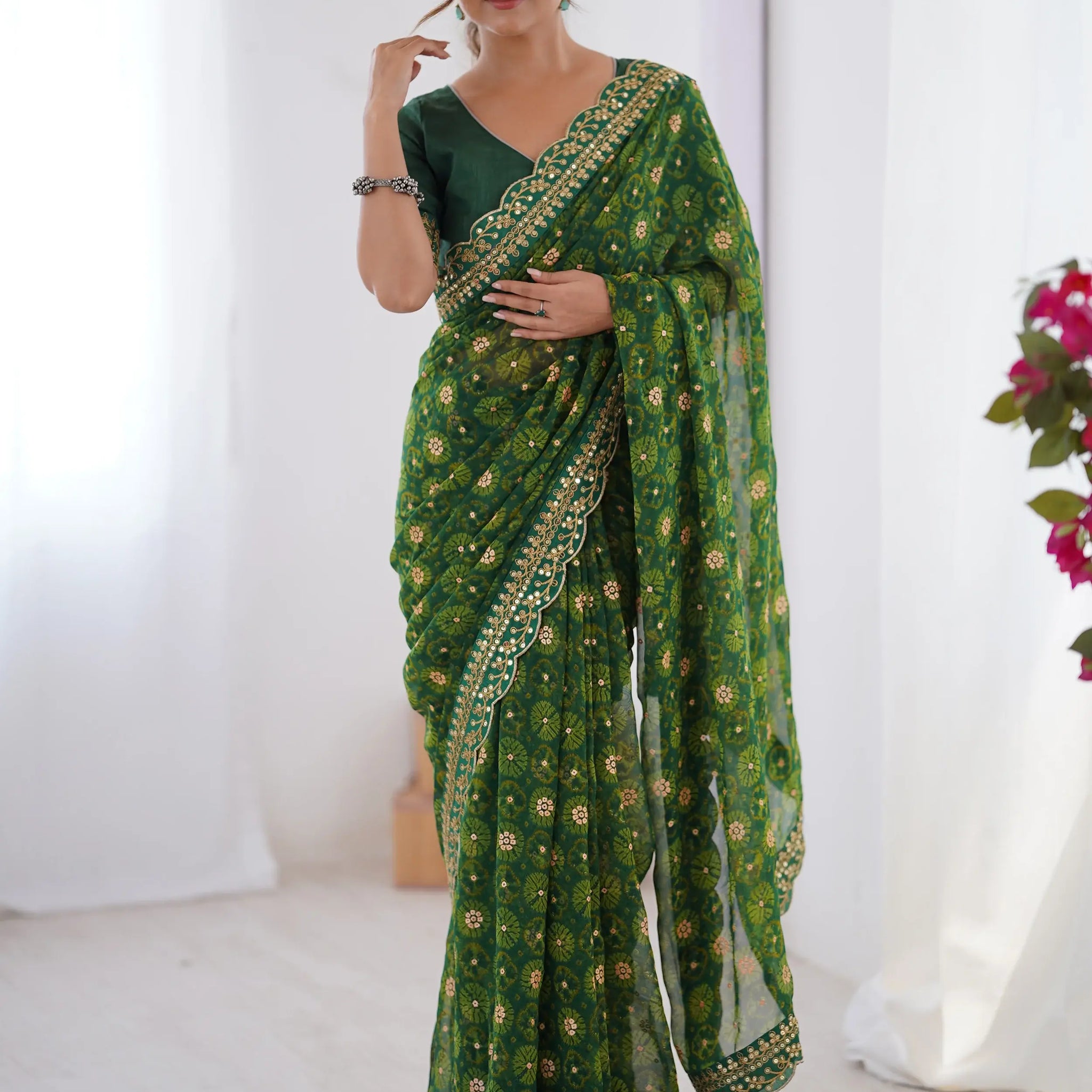 Charming Green Georgette Printed Festive Wear Saree With Blouse - Zeel Clothing