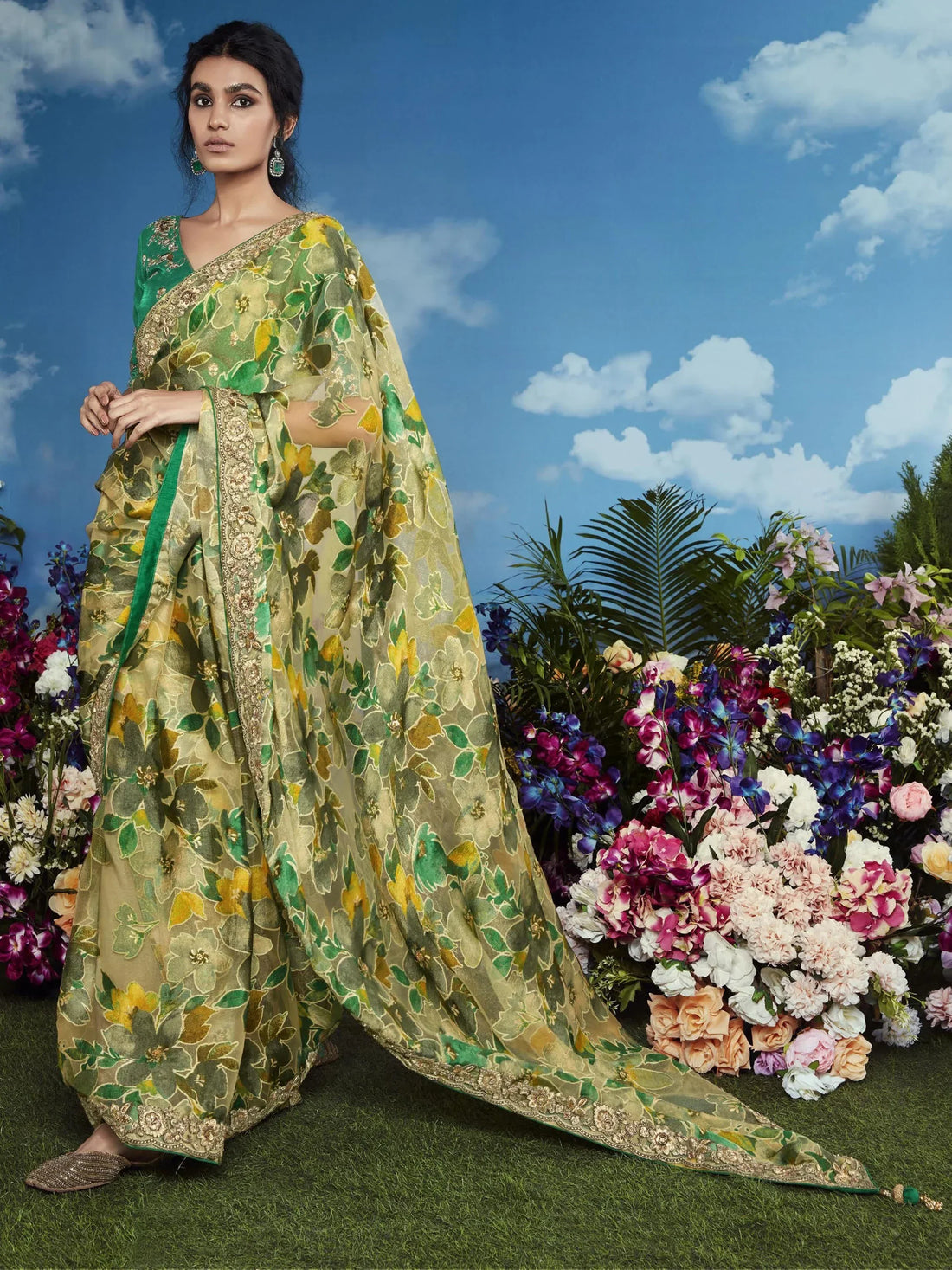 Charming Green Lace Work Brasso Reception Wear Saree With Blouse - Zeel Clothing