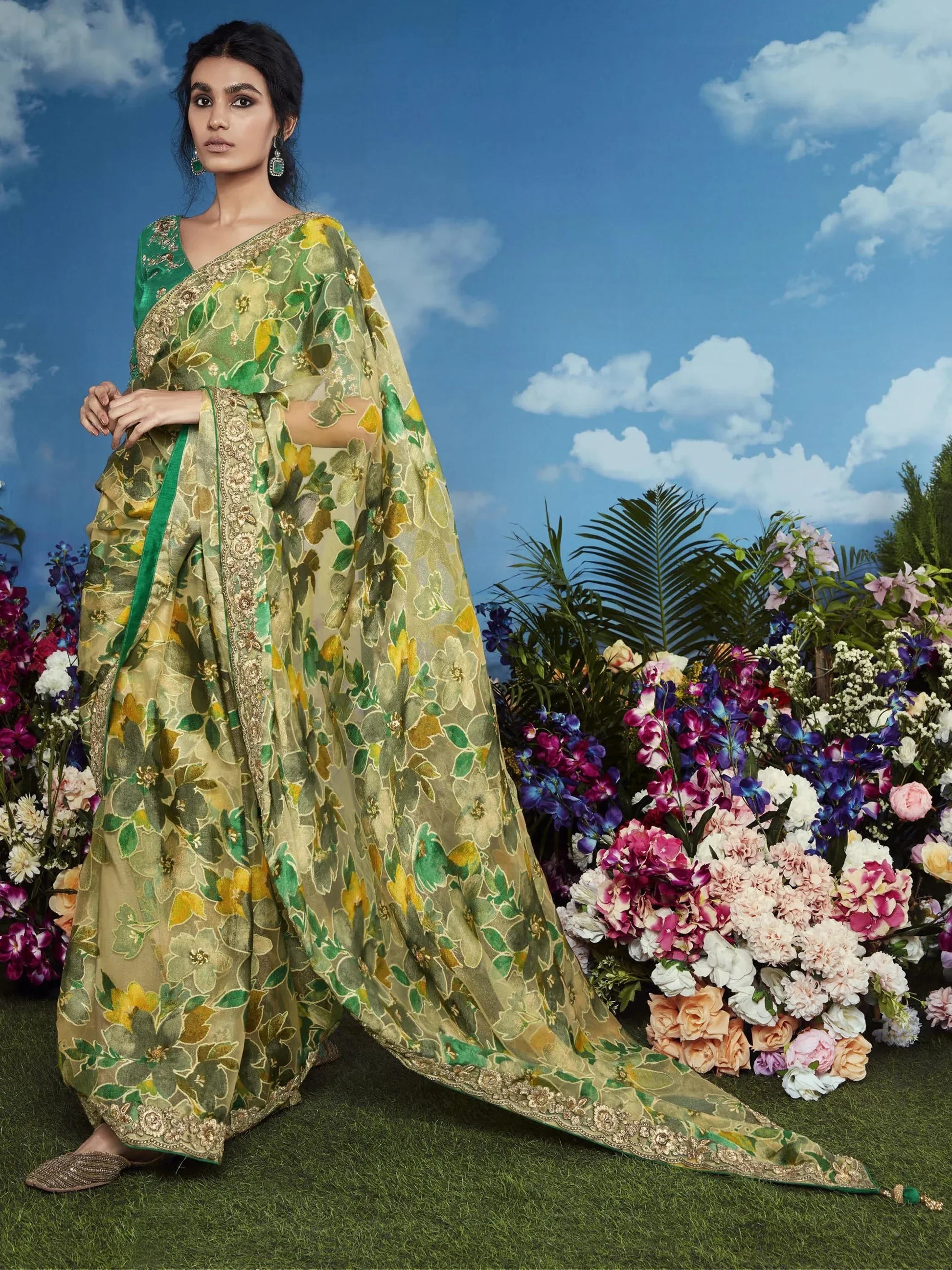 Charming Green Lace Work Brasso Reception Wear Saree With Blouse - Zeel Clothing