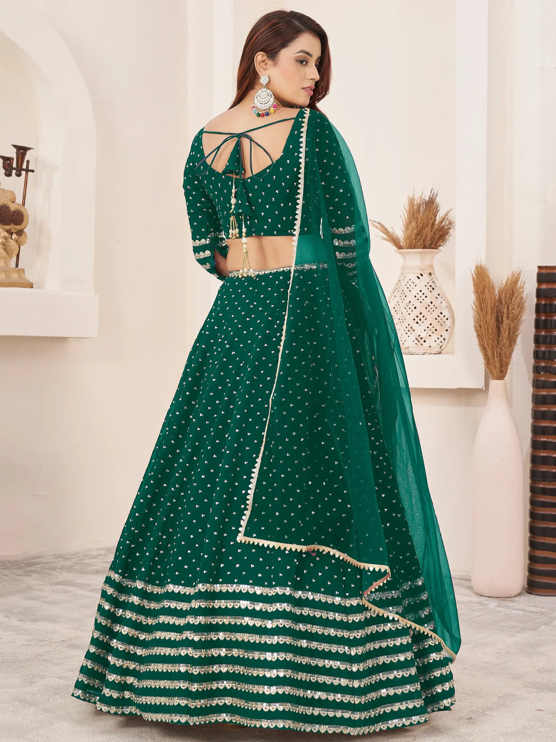 Charming Green Sequins Georgette Lehenga Choli With Dupatta - Zeel Clothing