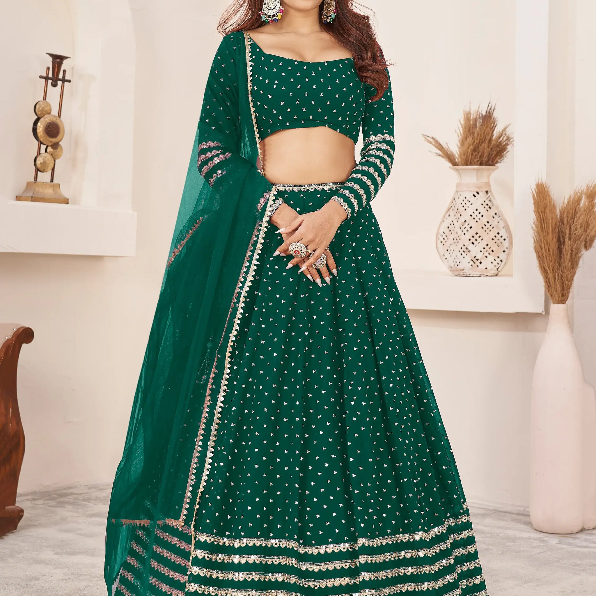 Charming Green Sequins Georgette Lehenga Choli With Dupatta - Zeel Clothing
