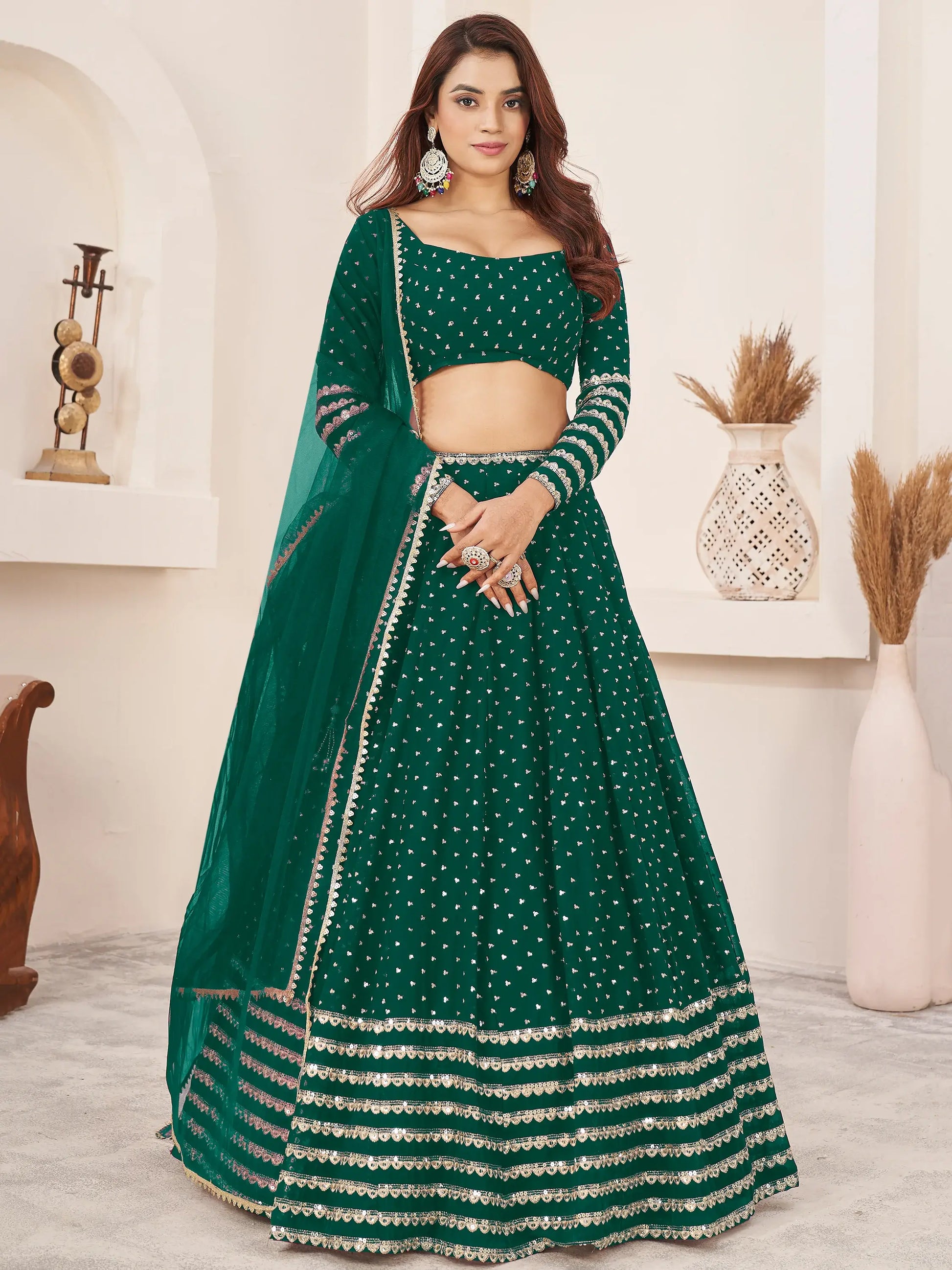 Charming Green Sequins Georgette Lehenga Choli With Dupatta - Zeel Clothing