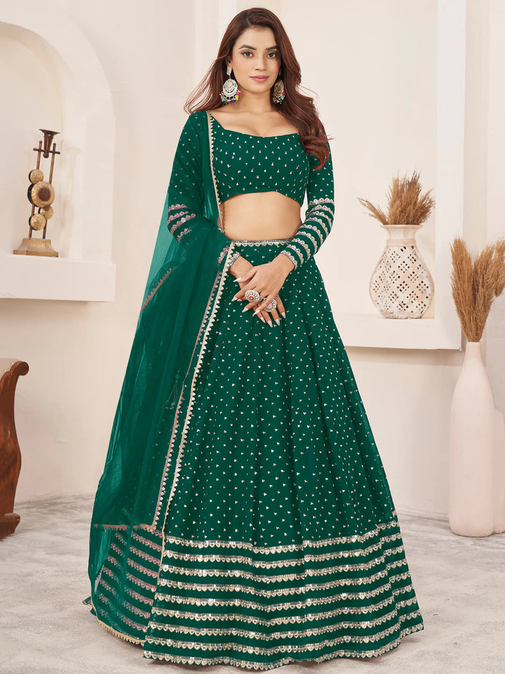 Charming Green Sequins Georgette Lehenga Choli With Dupatta - Zeel Clothing