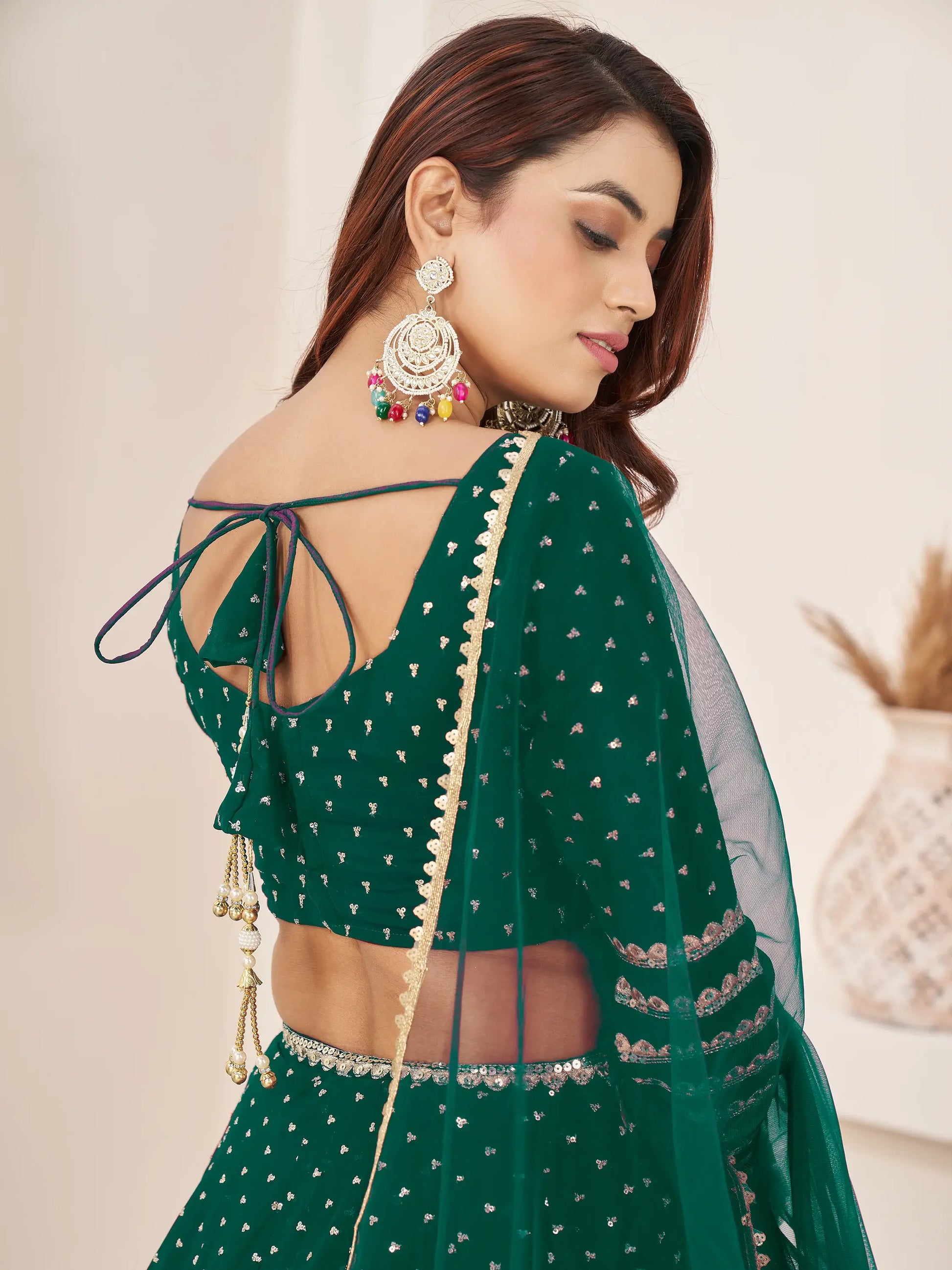 Charming Green Sequins Georgette Lehenga Choli With Dupatta - Zeel Clothing