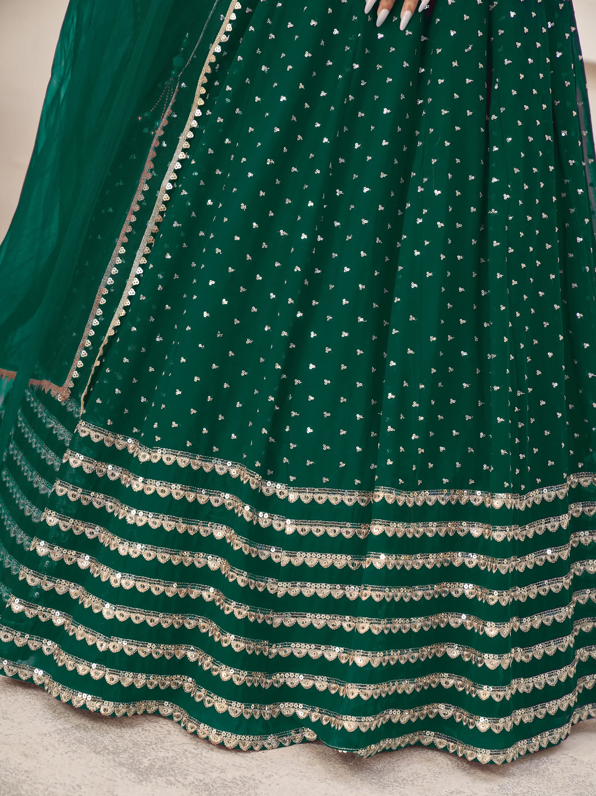 Charming Green Sequins Georgette Lehenga Choli With Dupatta - Zeel Clothing