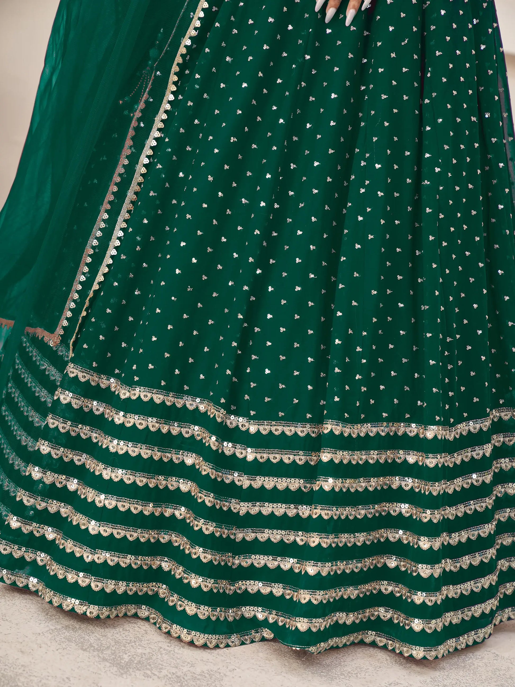 Charming Green Sequins Georgette Lehenga Choli With Dupatta - Zeel Clothing