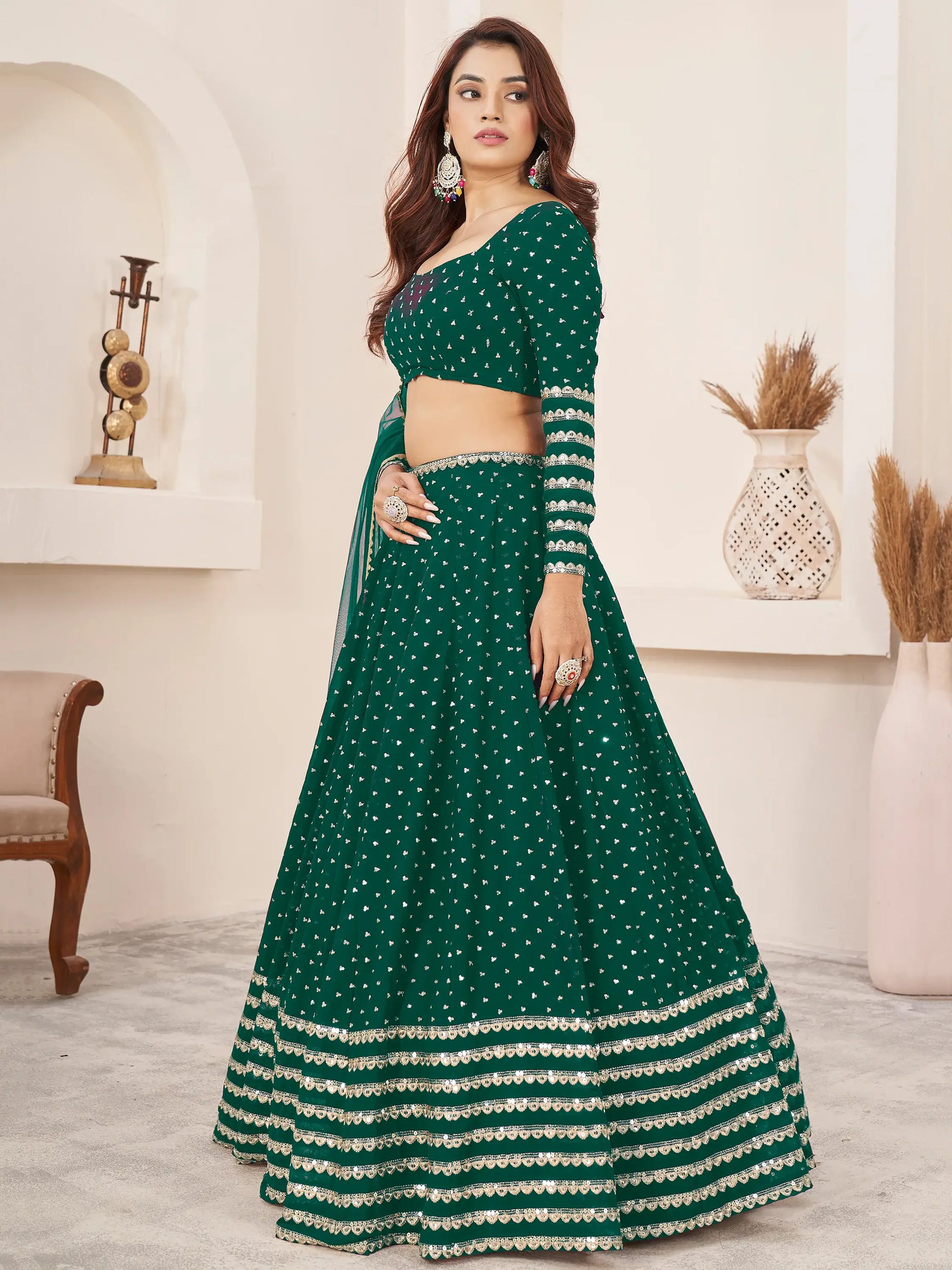 Charming Green Sequins Georgette Lehenga Choli With Dupatta - Zeel Clothing