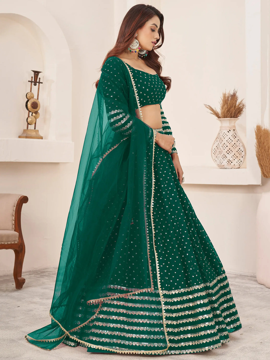 Charming Green Sequins Georgette Lehenga Choli With Dupatta - Zeel Clothing