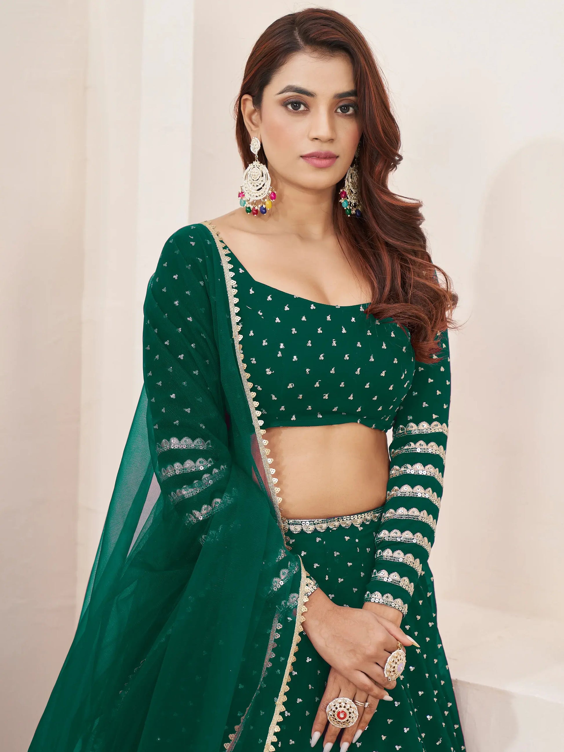 Charming Green Sequins Georgette Lehenga Choli With Dupatta - Zeel Clothing