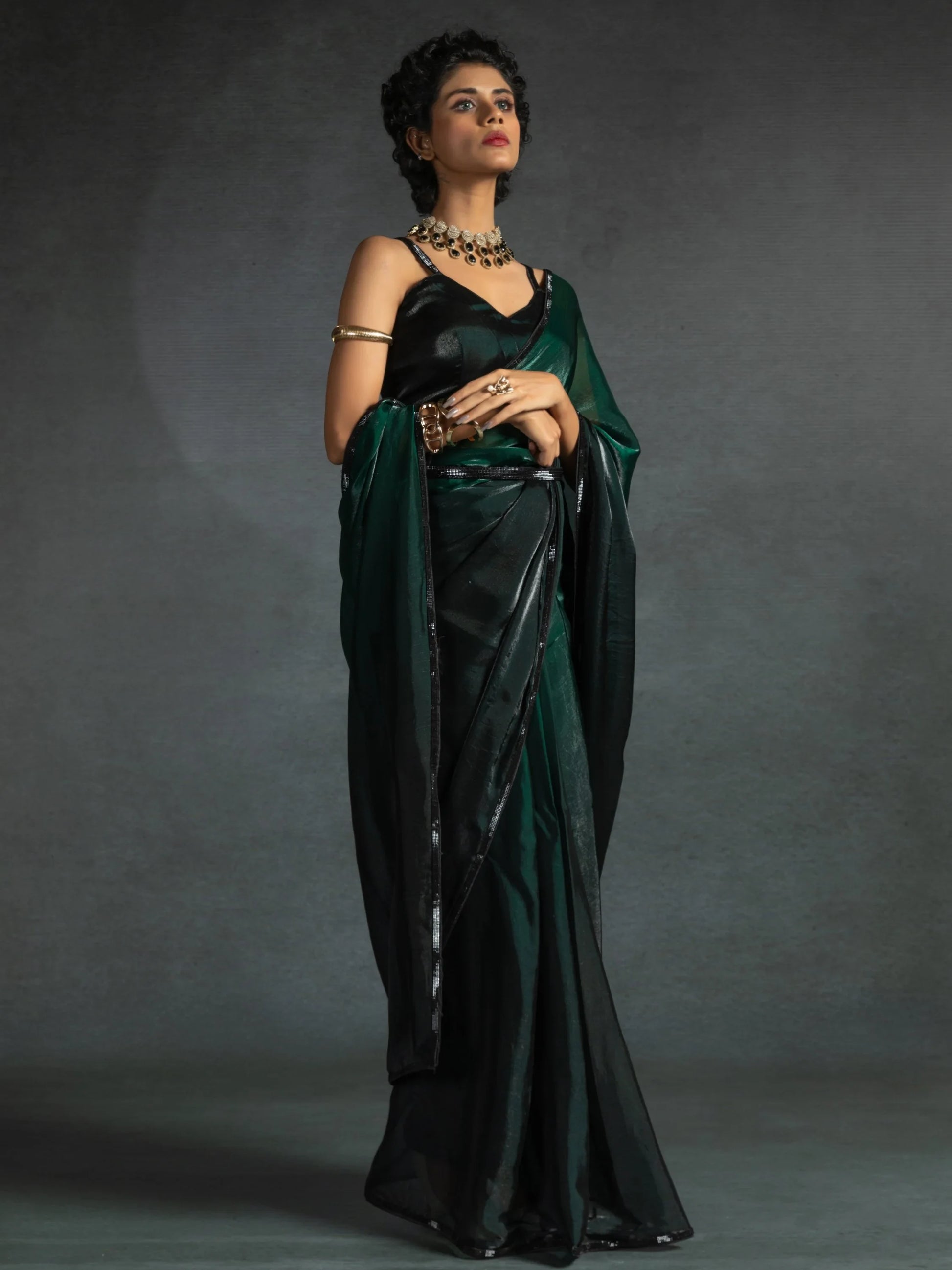 Charming Green Shaded Satin Designer Pre-Stitched Saree With Blouse - Zeel Clothing