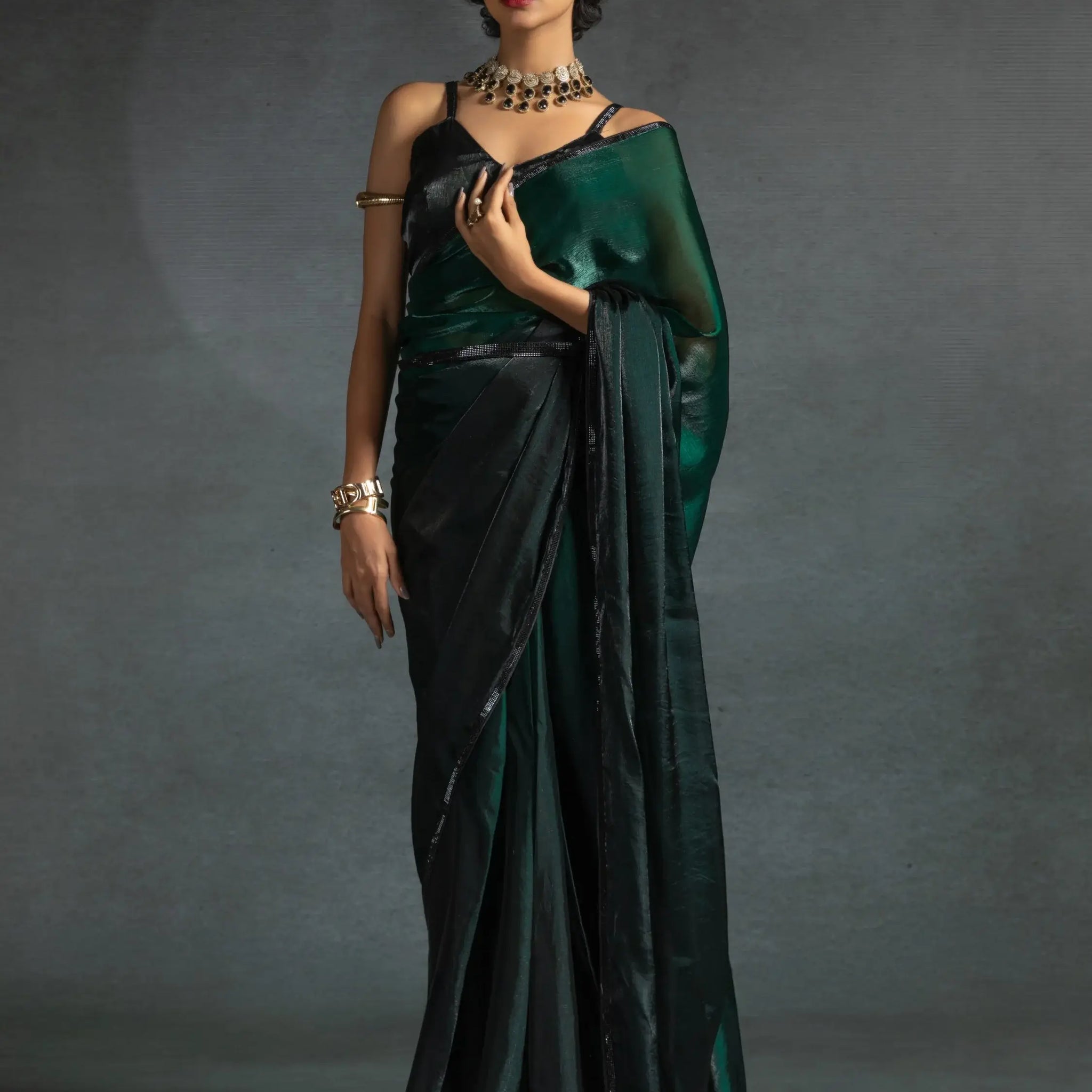 Charming Green Shaded Satin Designer Pre-Stitched Saree With Blouse - Zeel Clothing