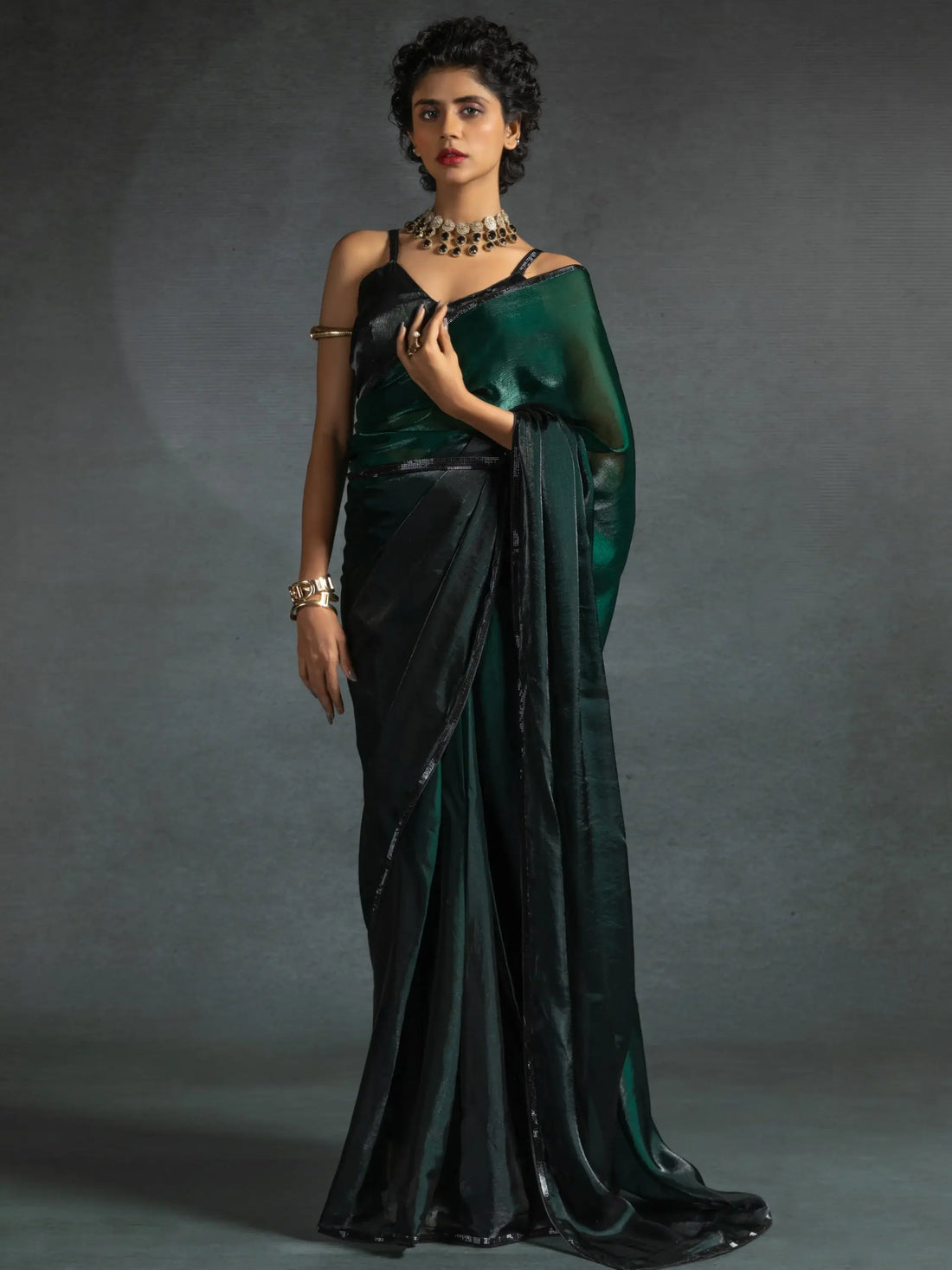 Charming Green Shaded Satin Designer Pre-Stitched Saree With Blouse - Zeel Clothing