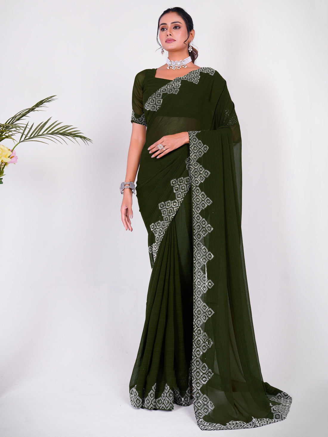 Charming Green Swarovski Work Georgette Mehendi Wear Saree