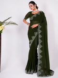 Charming Green Swarovski Work Georgette Mehendi Wear Saree